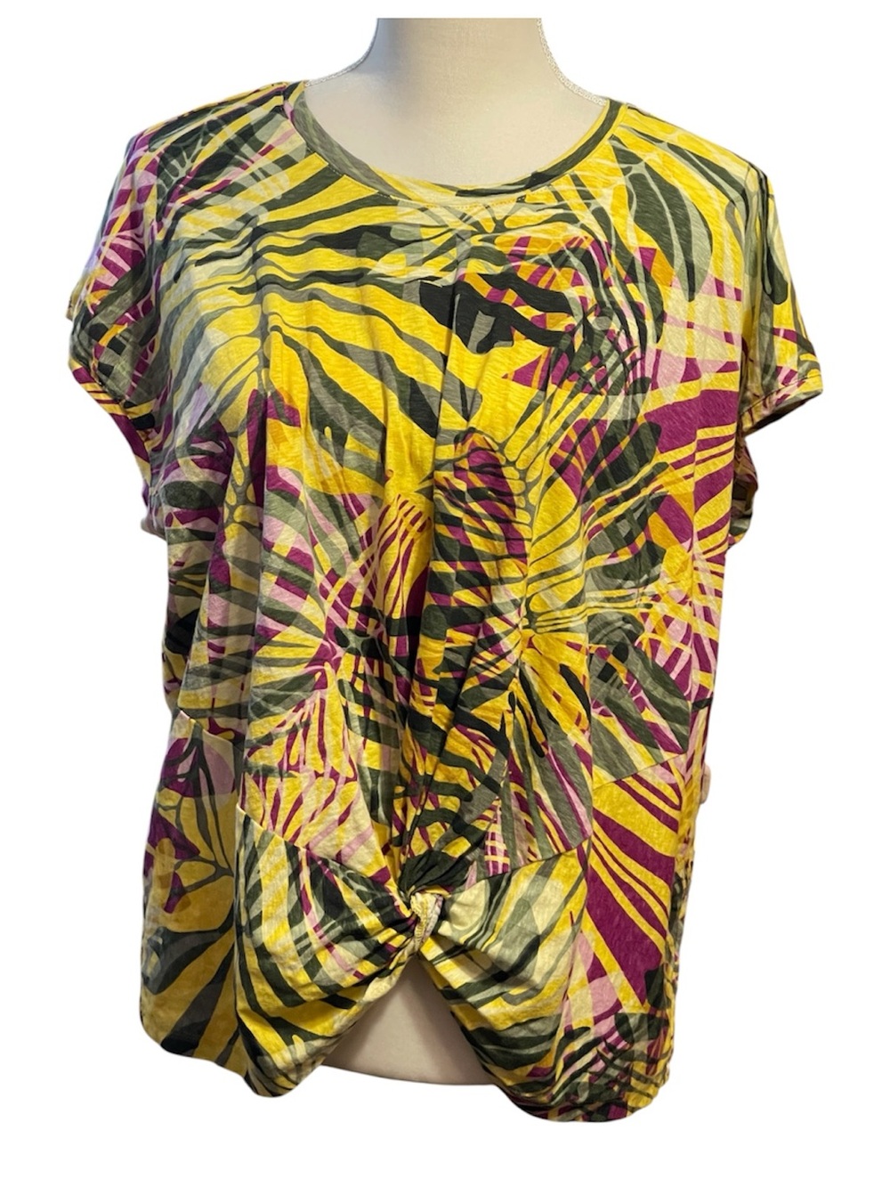Chico's Womens Tropical Twist Knot Shirt Yellow Magenta Olive Size Large Summer